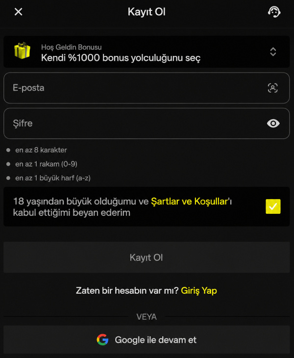 Başta doldurulan kayıt formu